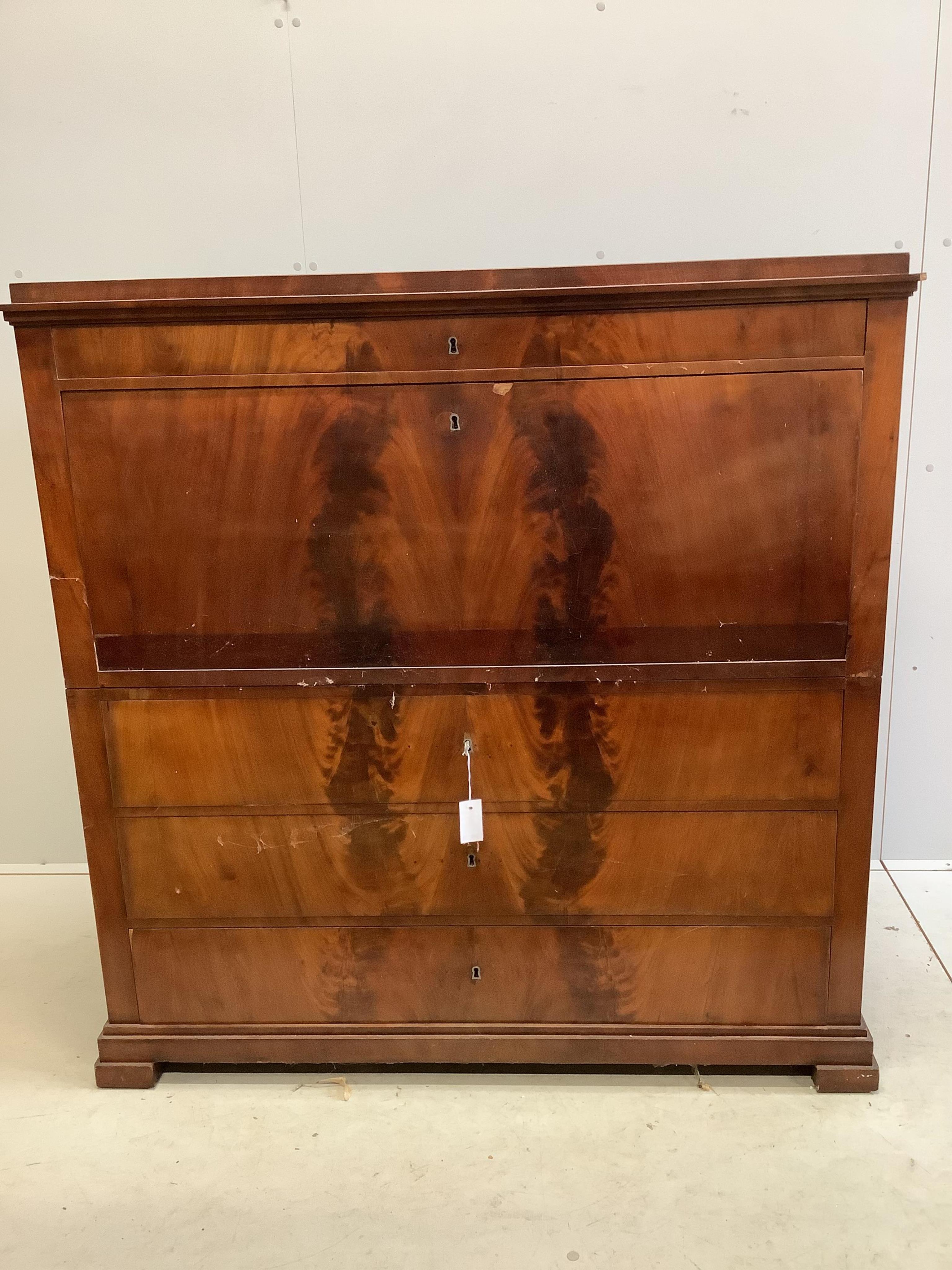 A 19th century French mahogany secretaire chest, width 127cm, depth 56cm, height 130cm. Condition - poor to fair